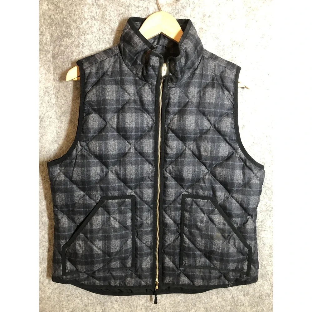 J. Crew Vest Womens Large Gray Black Plaid Quilted Down Puffer Outdoor